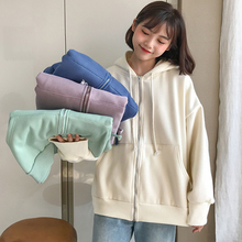 百搭宽松港味休闲上衣开衫 外套潮 纯色加绒连帽卫衣秋冬女2018新款
