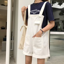 女休闲百搭纯色背带阔腿裤 韩国2018夏季新款 宽松显瘦水洗牛仔短裤