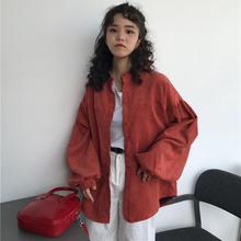 复古灯芯绒立领衬衣秋装女2018新款韩版百搭宽松灯笼袖开衫外套潮