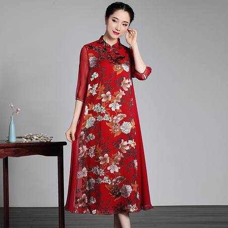 玺玥2018中国风真丝连衣裙中老年妈妈复古中式宽松中长女士旗袍裙商品大图