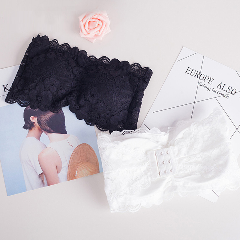 一字领肩无带文胸抹胸内衣薄蕾丝女黑色裹胸无