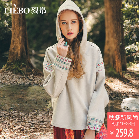 裂帛2018秋季新款连帽精美刺绣宽松版型少女风学生休闲长袖卫衣女商品大图