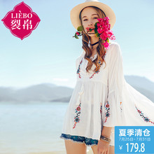 裂帛2018夏装新款浪漫仙女风圆领清新刺绣七分袖雪纺衫女51172374图片