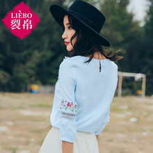 裂帛2018夏装新款文艺清新圆领织带装饰刺绣七分袖雪纺衫51172497图片
