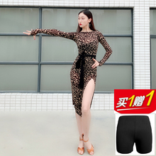 性感豹纹修身 拉丁舞裙开叉连衣裙团队表演舞蹈服练功 爱尚舞服新款