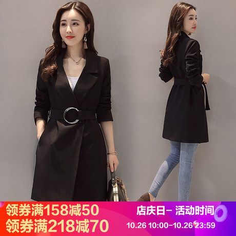 2018女装春秋新款韩版长袖西服外套上衣时尚腰带扣休闲黑色西装商品大图