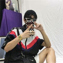 t恤男女潮 18原宿学院风侧边织带串标字母拼色运动立领宽松短袖