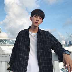 @港仔文艺男春季男士衬衣宽松休闲百搭格子衬衫ins超火的上衣潮