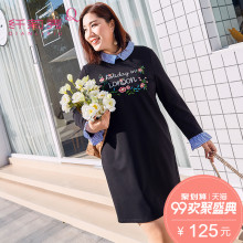 纤莉秀大码女装2018夏新款胖mm200斤条纹翻领连衣裙绣花裙子图片