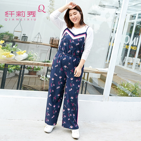 纤莉秀大码女装胖mm秋装2018新款v领吊带裤减龄藏肉胖妹妹商品大图