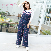 纤莉秀大码女装胖mm秋装2018新款v领吊带裤减龄藏肉胖妹妹图片