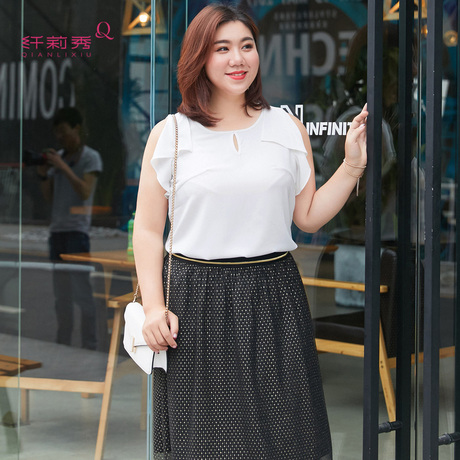 纤莉秀加大码女装胖妹妹2018夏装新款胖mm荷叶边透气无袖雪纺衫商品大图