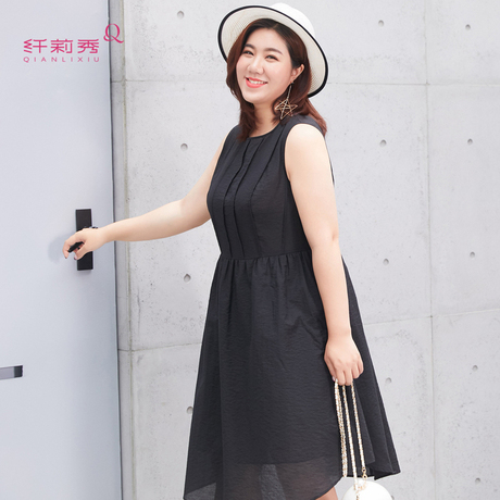 纤莉秀2018夏装新款大码女装胖mm藏肉圆领雪纺提花无袖长款连衣裙商品大图