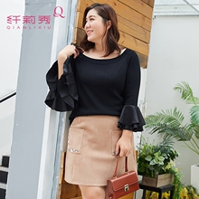 纤莉秀大码女装胖mm2018秋装新款200斤胖妹妹藏肉减龄一字领毛衣图片