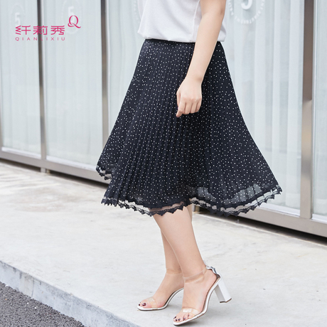 纤莉秀2018夏新款大码女装花边波点黑色短裙胖妹妹韩版显瘦半身裙商品大图