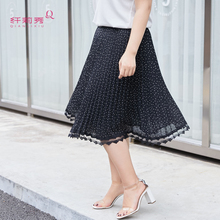 纤莉秀2018夏新款大码女装花边波点黑色短裙胖妹妹韩版显瘦半身裙图片