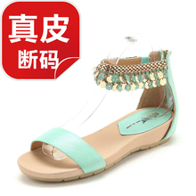 柔软真皮女鞋 低跟舒适坡跟露趾流苏金属链亮片SS42110075 羊皮凉鞋