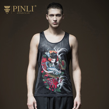 PINLI品立2018夏季新品男装修身圆领打底内衣印花背心B182214007