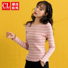 潮流前线2018年秋季新品女款个性花瓣袖条纹甜美修身长袖针织衫潮图片