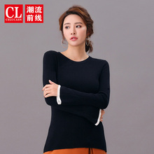 潮流前线2018年冬季新品女款纯色修身喇叭袖针织衫简约撞色毛衫图片
