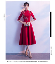 长袖大摆红色长款旗袍礼仪服迎宾礼仪小姐服装酒店演出服颁奖礼服