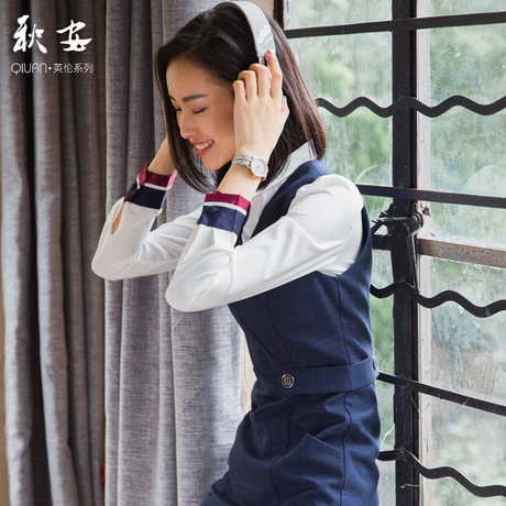 秋安2018新款时尚女装套装美容师工装职业装西装马甲OL连衣裙格子商品大图