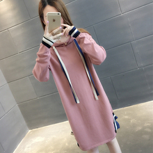 系带连帽衫2018秋季新款过膝中长款套头毛衣连衣裙宽松韩版女装潮图片