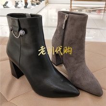 千百度2018冬款 国内代购 正品 粗跟羊反绒绒里短靴A8630137A8530137