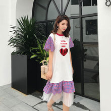 中长款千鸟格子拼接假两件短袖chic连衣裙 套头宽松百褶裙2018夏图片