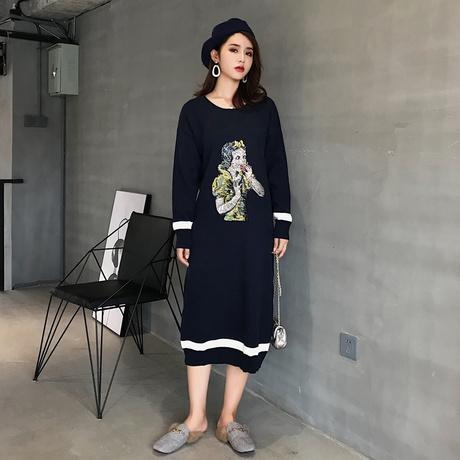 中长款长袖过膝针织衫连衣裙 套头女宽松大码胖MM毛衣裙2018秋冬商品大图