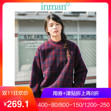 茵曼2018秋冬新款复古撞色格纹半高领宽松呢料卫衣女套头保暖上衣图片