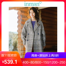 茵曼2018冬装新款翻领复古格纹宽松长款毛呢外套大衣女1884321657图片