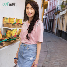 茵曼2018夏装新款简约百搭纯棉绣花短袖T恤女宽松上衣洋气小衫潮图片