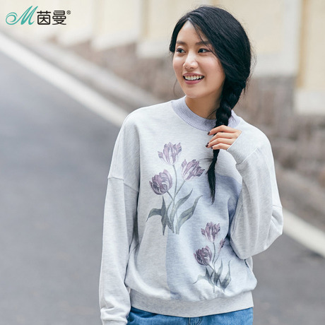 茵曼2017秋新款文艺印花落肩长袖套头毛针织衫女宽松WXG17Q037商品大图