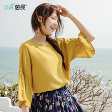 茵曼2018新款夏装透气棉圆领喇叭七分袖百搭宽松衬衣衬衫套头上衣图片