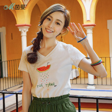 茵曼2018夏季新款气质文艺范小清新印花V领纯棉短袖T恤女上衣恤衫图片
