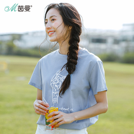 茵曼2018夏装新款简约圆领百搭全棉印花短袖T恤女蝙蝠袖宽松上衣商品大图