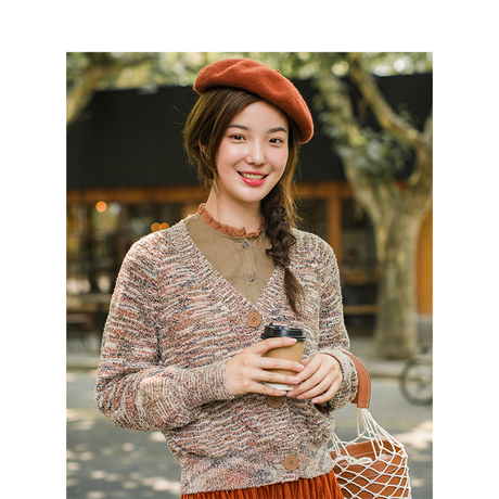 茵曼旗舰店棉麻V领宽松短款长袖针织开衫女毛衣2018秋装新款外套商品大图
