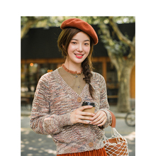 茵曼旗舰店棉麻V领宽松短款长袖针织开衫女毛衣2018秋装新款外套图片