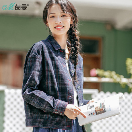 茵曼旗舰店2018秋装新款格纹落肩长袖百搭宽松复古短外套女装上衣商品大图