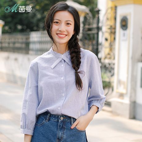 茵曼旗舰店2018秋装新款棉质显瘦条纹宽松休闲衬衣衬衫女百搭上衣商品大图
