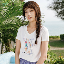 茵曼2018新款夏装弹性棉小V领印花韩版宽松短袖T恤ins显瘦上衣女图片