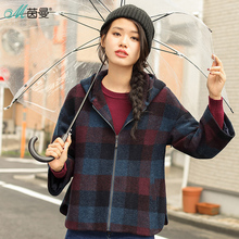 茵曼旗舰店2018秋冬装新款连帽复古格纹宽松短款毛呢外套女呢大衣图片