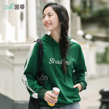 茵曼2018早秋新款字母刺绣运动风减龄撞色套头连帽卫衣女春秋薄款商品大图