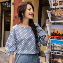茵曼旗舰店2018夏装新款棉质圆领波点宽松中袖衬衣女小清新衬衫图片