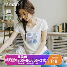 茵曼2018女装夏装新款文艺印花圆领T恤女短袖宽松显瘦上衣体恤棉图片