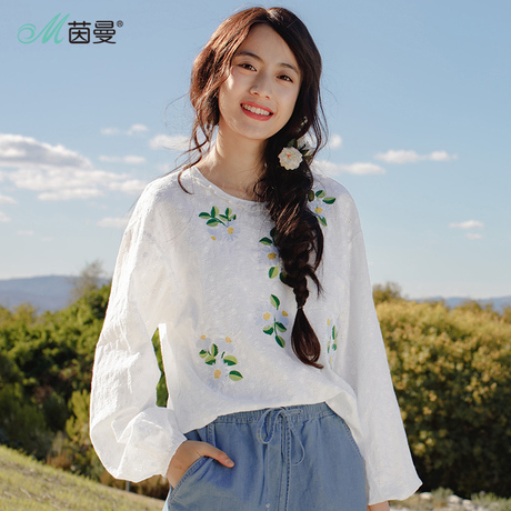 茵曼旗舰店2018春秋新款绣花棉布绣花花边圆领甜美文艺衬衫女衬衣商品大图