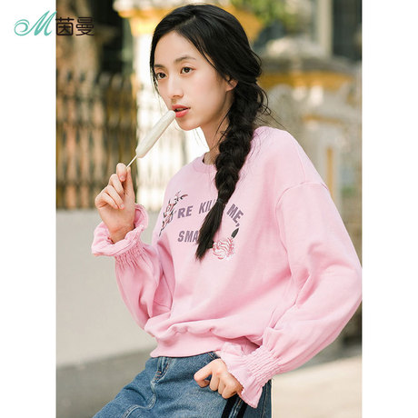 茵曼2018秋装新款圆领字母印花甜美休闲卫衣女F1883082827商品大图