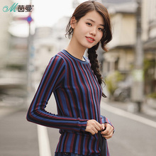 茵曼旗舰店2018秋冬装新款圆领长袖修身条纹套头毛衣打底衫女上衣图片