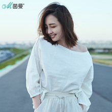 茵曼2018春秋新款宽松V领棉麻套头心机衬衫女长袖麻料设计感上衣图片